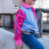 Cowgirl Boots long sleeve fishing shirt front view showing fun cowgirl boots print performance shirt