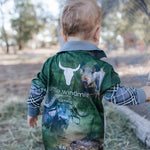Hunting scrub green long sleeve fishing shirt collar detail showing UPF sun protection collar
