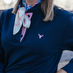 Bella women's long sleeve navy gingham ruffle collar contrast polo back view showing relaxed fit in navy gingham