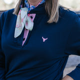 Bella women's long sleeve navy gingham ruffle collar contrast polo back view showing relaxed fit in navy gingham