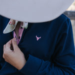 Bella women's long sleeve navy gingham ruffle collar contrast polo worn showing polished navy gingham country style