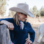 Bella women's long sleeve navy gingham ruffle collar contrast polo ruffle detail showing beautiful navy ruffle collar