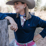 Bella women's long sleeve navy gingham ruffle collar contrast polo collar close-up showing contrast trim detail