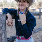 Bella women's long sleeve navy gingham ruffle collar contrast polo fabric close-up showing quality navy gingham cotton