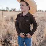 Hanley chocolate gingham contrast long sleeve boy's polo back view showing relaxed boys fit in chocolate gingham