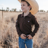Hanley chocolate gingham contrast long sleeve boy's polo back view showing relaxed boys fit in chocolate gingham