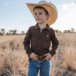 Hanley chocolate gingham contrast long sleeve boy's polo front view showing classic chocolate gingham boys polo