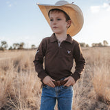 Hanley chocolate gingham contrast long sleeve boy's polo front view showing classic chocolate gingham boys polo