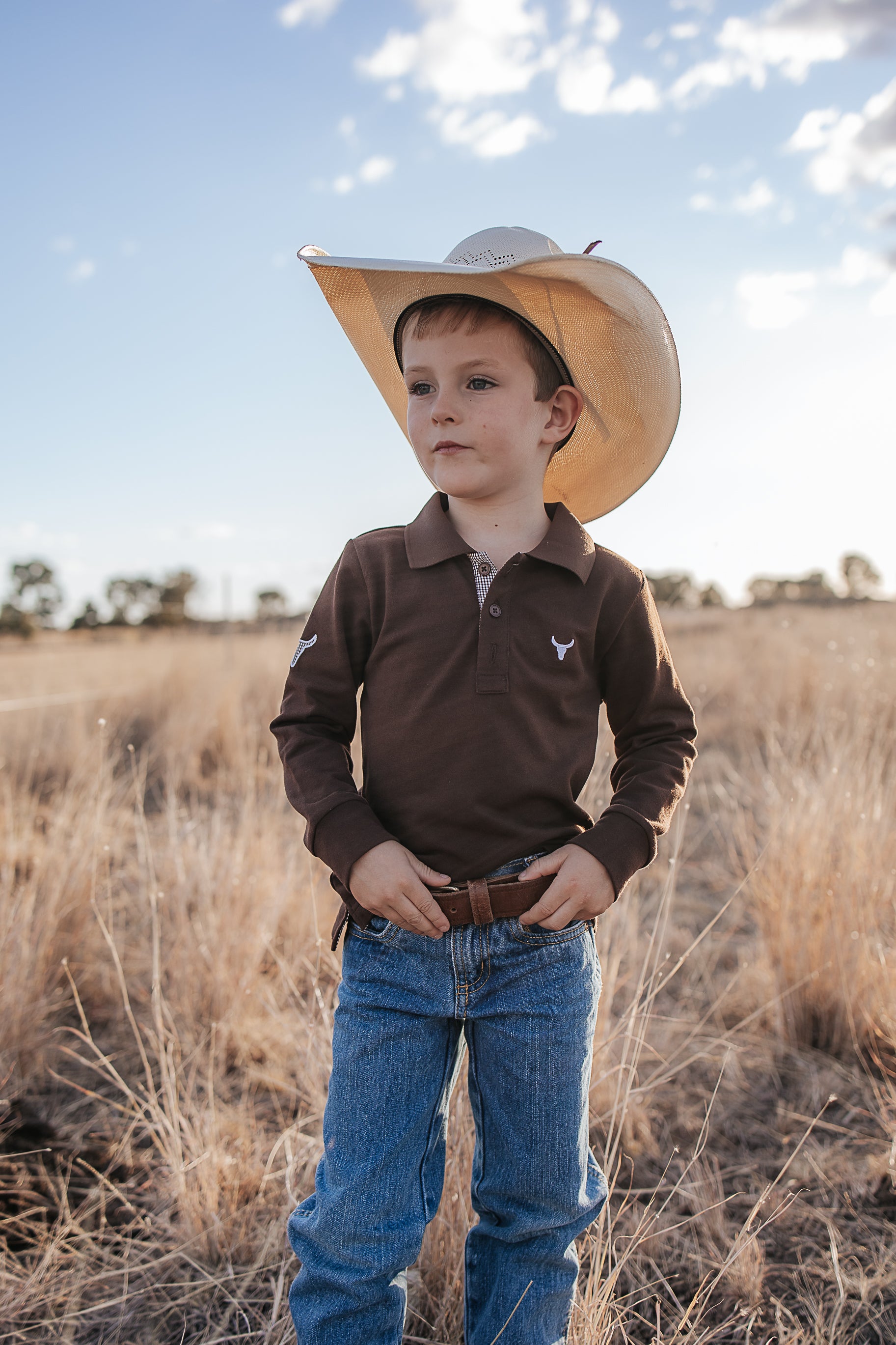 Hanley chocolate gingham contrast long sleeve boy's polo front view showing classic chocolate gingham boys polo