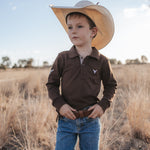 Hanley chocolate gingham contrast long sleeve boy's polo fabric close-up showing quality chocolate gingham cotton