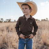 Hanley chocolate gingham contrast long sleeve boy's polo fabric close-up showing quality chocolate gingham cotton