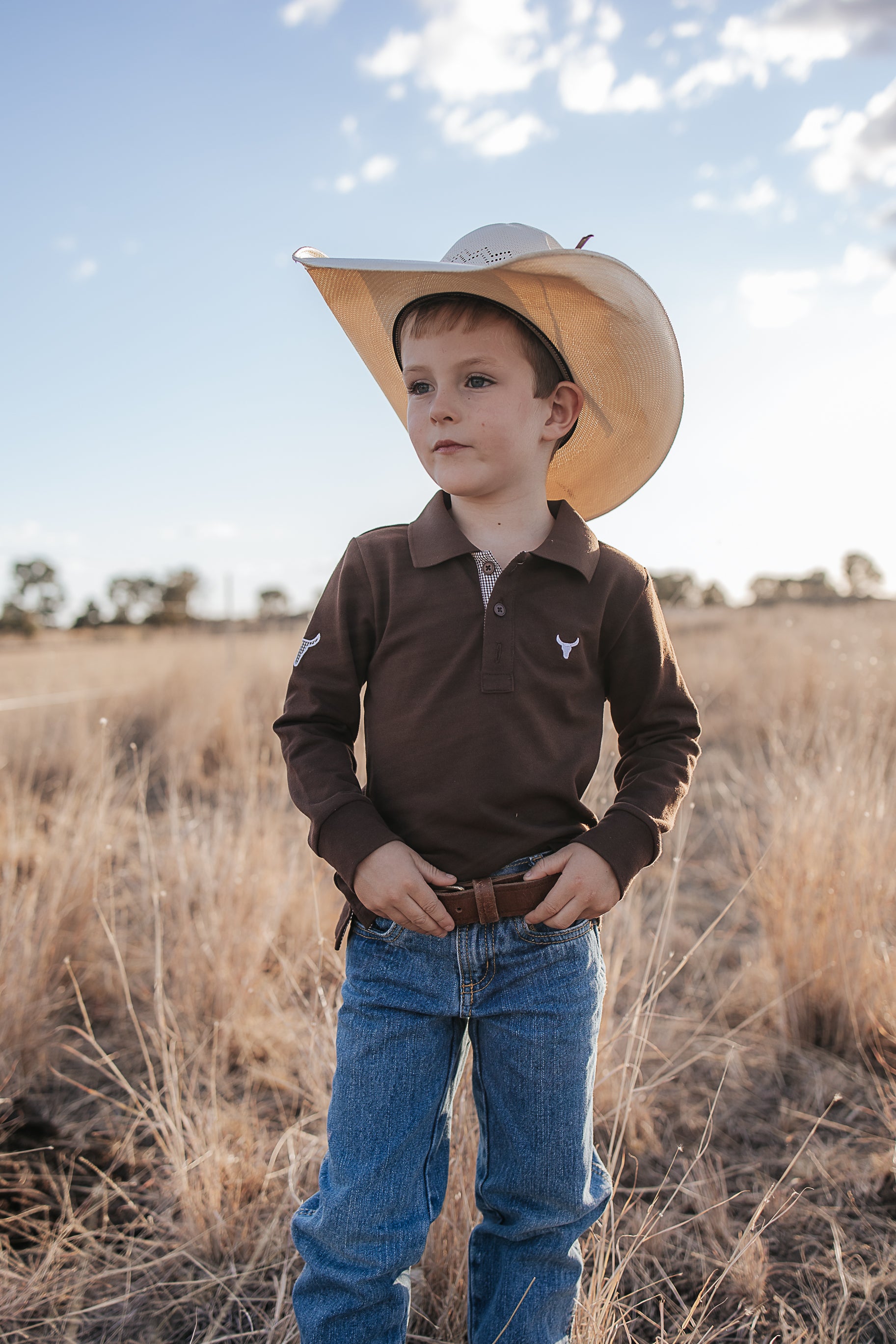 Hanley chocolate gingham contrast long sleeve boy's polo fabric close-up showing quality chocolate gingham cotton