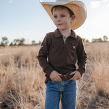 Hanley chocolate gingham contrast long sleeve boy's polo flatlay showing full chocolate gingham polo design