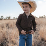 Hanley chocolate gingham contrast long sleeve boy's polo collar detail showing contrast trim on chocolate gingham polo