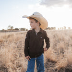 Hanley chocolate gingham contrast long sleeve boy's polo worn showing smart chocolate gingham country style