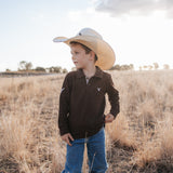Hanley chocolate gingham contrast long sleeve boy's polo worn showing smart chocolate gingham country style
