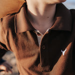 Hanley chocolate gingham contrast long sleeve boy's polo size range showing available boys sizes