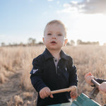 Bandon Jnr navy gingham contrast long sleeve polo flatlay showing full navy gingham polo design