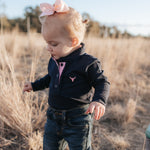 BB Baby navy ruffle pink gingham contrast long sleeve baby polo romper front view showing adorable baby navy pink gingham romper