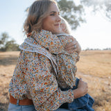 Britt yellow floral women's shirt button detail showing quality buttons on yellow floral shirt