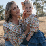 Britt yellow floral women's shirt front view showing bright yellow floral print women's country shirt