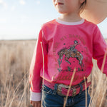 Ride Hard sibling set showing Luna pink long sleeve tee for girls