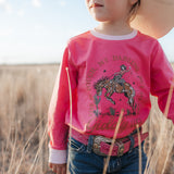 Ride Hard sibling set showing Luna pink long sleeve tee for girls