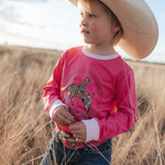 Luna Ride Hard pink long sleeve tee collar detail showing neat neckline on pink graphic tee