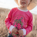 Luna Ride Hard pink long sleeve tee graphic detail showing bold Ride Hard print on pink tee