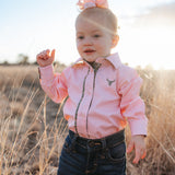 Chloe coral gingham long sleeve romper front view showing sweet coral gingham check romper for toddlers