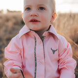 "Chloe" Coral Gingham Long Sleeve Romper-Little Windmill Clothing Co