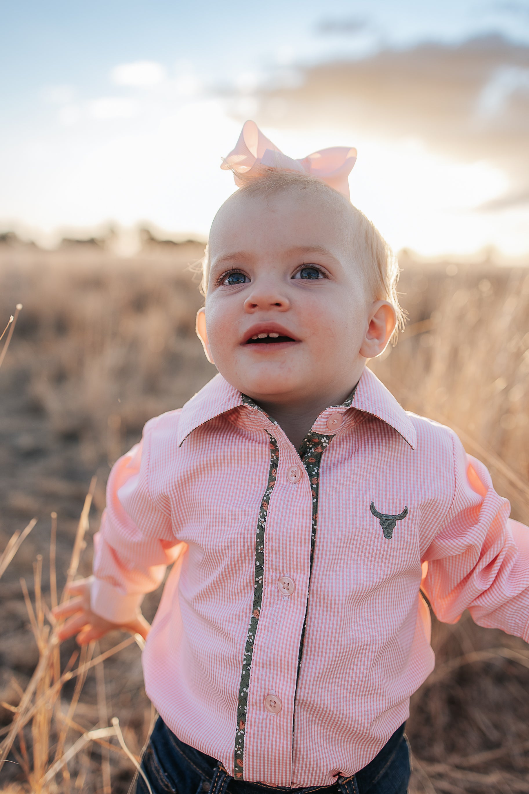 "Chloe" Coral Gingham Long Sleeve Romper-Little Windmill Clothing Co