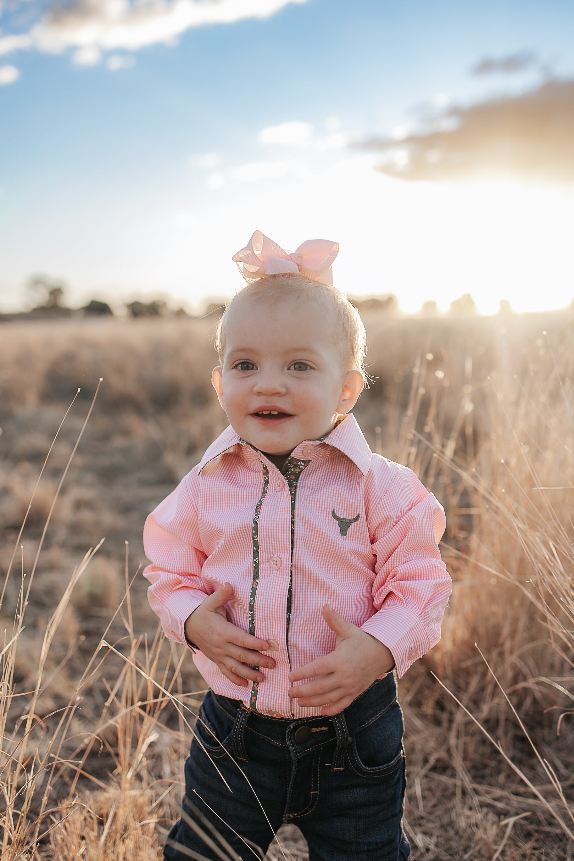 "Chloe" Coral Gingham Long Sleeve Romper-Little Windmill Clothing Co