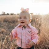 Chloe coral gingham long sleeve romper collar detail showing neat neckline