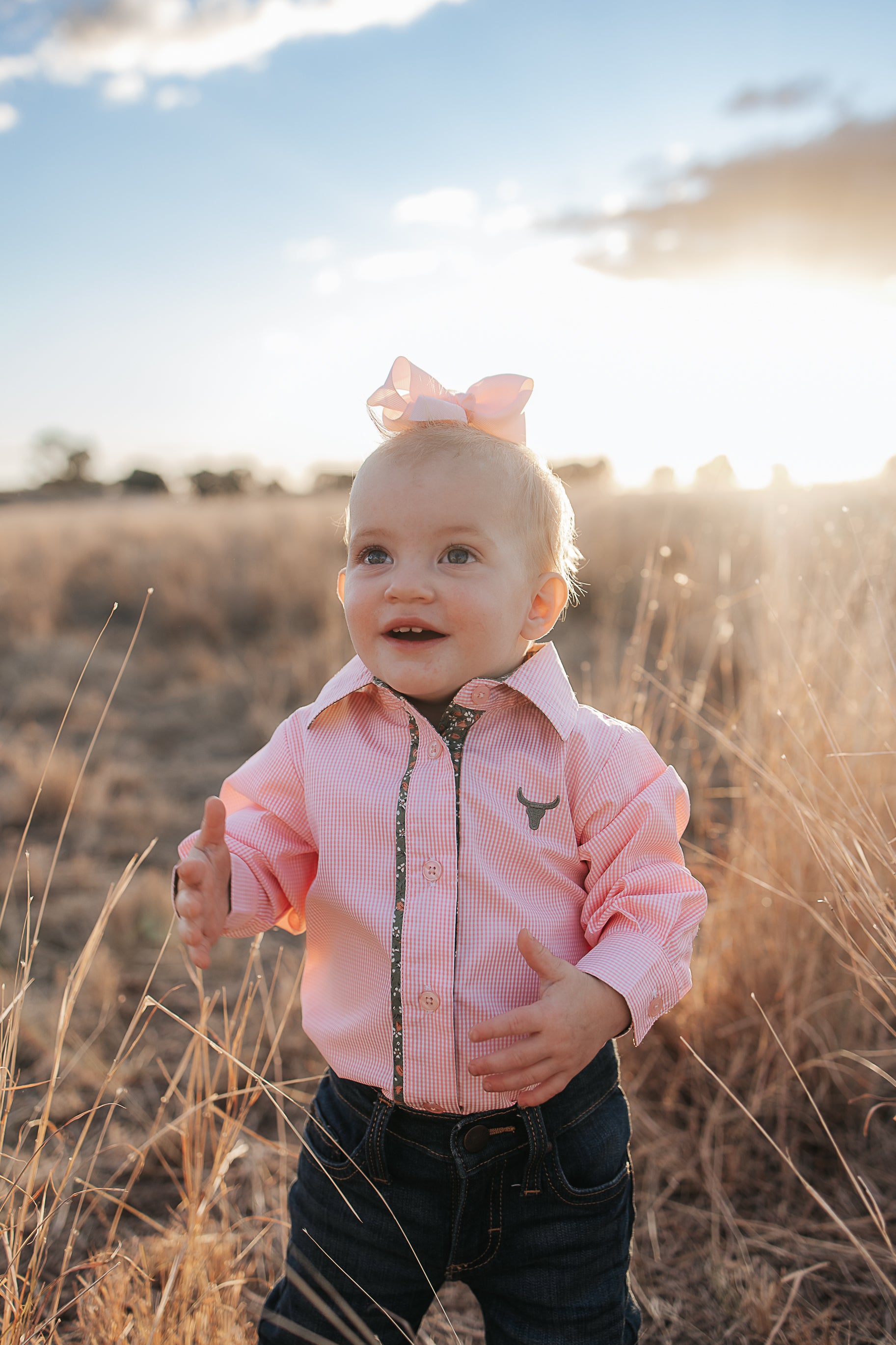 "Chloe" Coral Gingham Long Sleeve Romper-Little Windmill Clothing Co