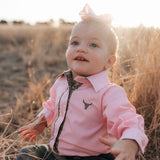 Chloe coral gingham long sleeve romper worn by toddler showing adorable coral gingham country style