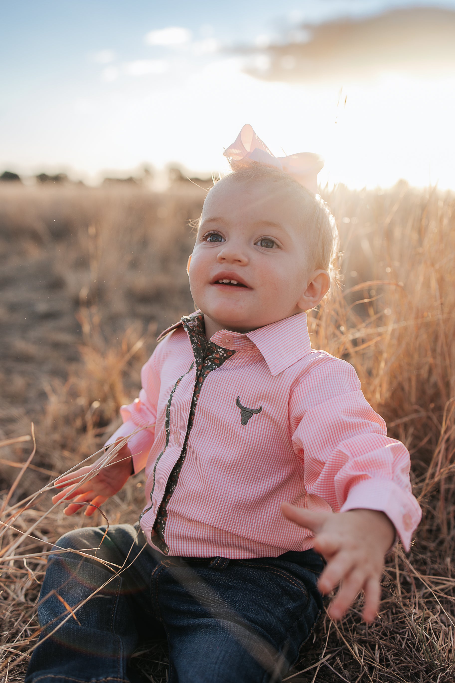 "Chloe" Coral Gingham Long Sleeve Romper-Little Windmill Clothing Co