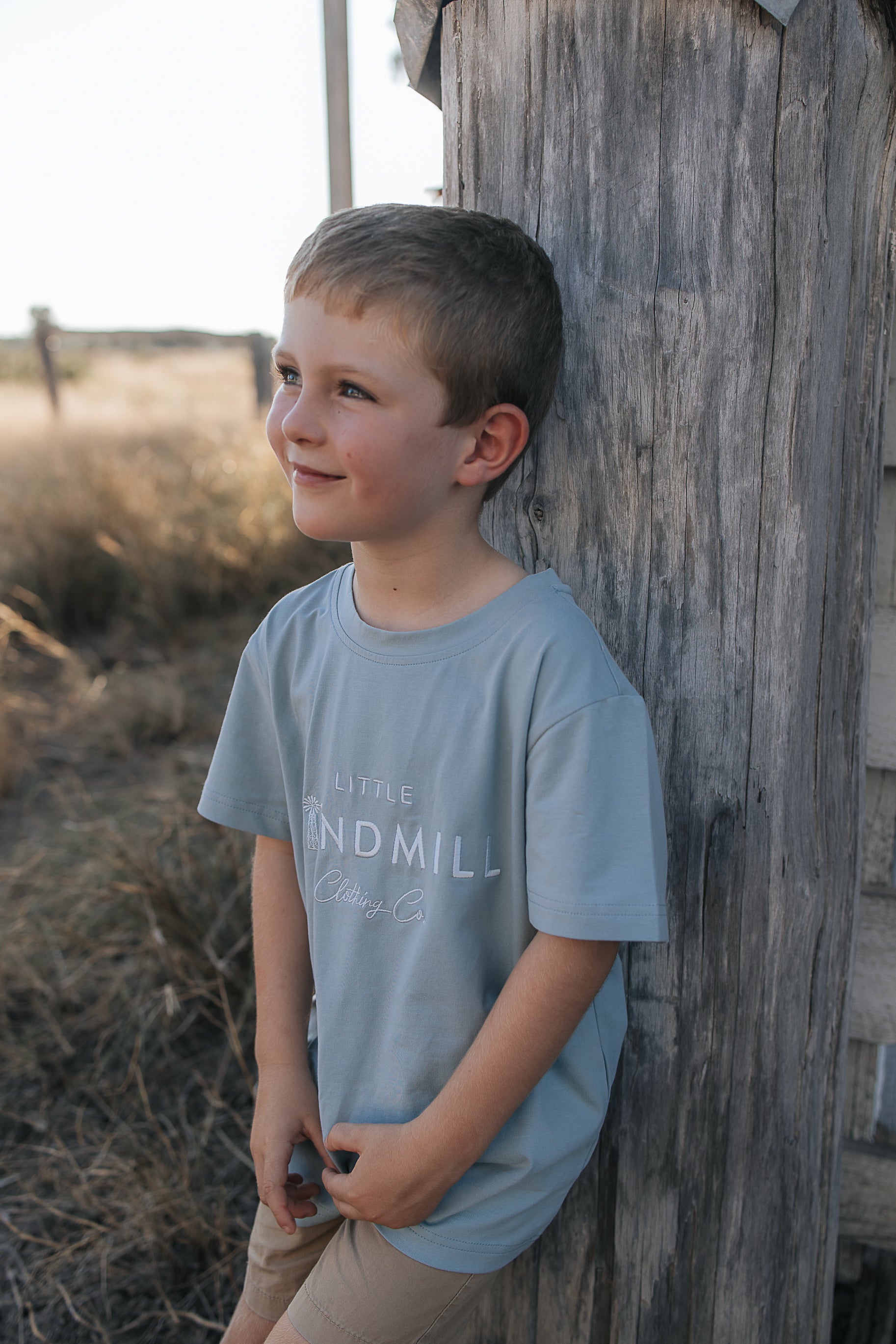 Embroidered Tee - Kids - Powder Blue-Little Windmill Clothing Co