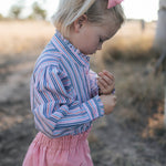 Lauren multi stripe pink ruffle long sleeve shirt cuff detail showing quality sleeve and cuff finish