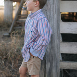 Ralph multi stripe blue long sleeve shirt front view showing classic multi-stripe blue men's shirt
