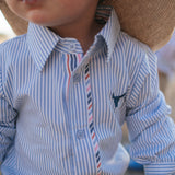 "Rhett" Multi Stripe Blue Long Sleeve Romper-Little Windmill Clothing Co