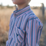 Ralph multi stripe blue long sleeve shirt collar detail showing neat collar and button placket