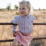 Lauren multi stripe pink ruffle long sleeve shirt front view showing pretty pink stripe shirt with ruffle detail