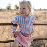 Lauren multi stripe pink ruffle long sleeve shirt front view showing pretty pink stripe shirt with ruffle detail