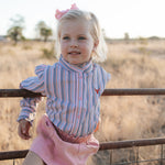 Lauren multi stripe pink ruffle long sleeve shirt fabric close-up showing quality pink stripe cotton