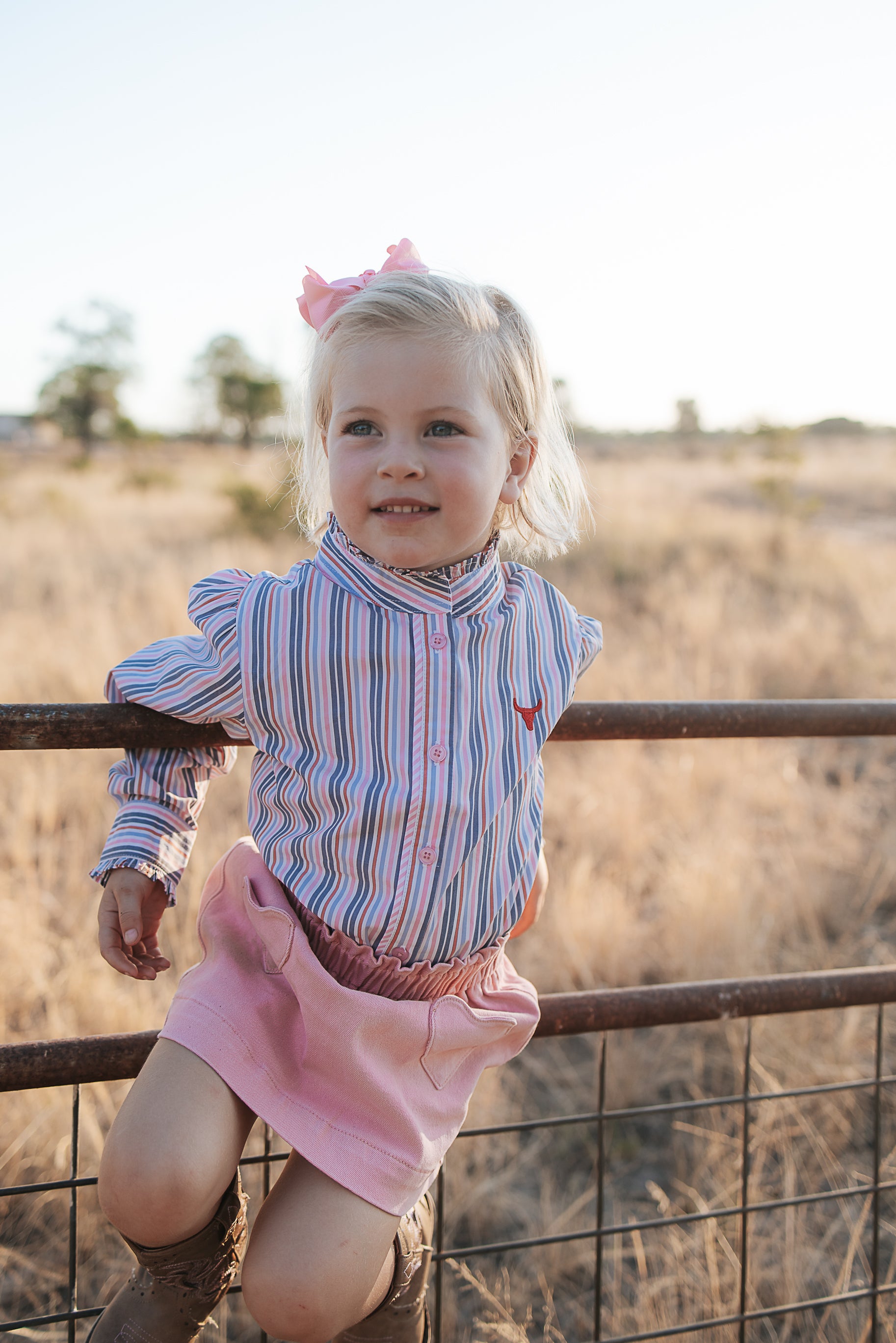 Lauren multi stripe pink ruffle long sleeve shirt fabric close-up showing quality pink stripe cotton