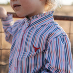 Lauren multi stripe pink ruffle long sleeve shirt collar detail showing neat collar and ruffle