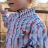 Lauren multi stripe pink ruffle long sleeve shirt collar detail showing neat collar and ruffle