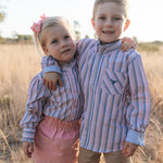 "Lauren" Multi Stripe Pink Ruffle Long Sleeve Shirt-Little Windmill Clothing Co
