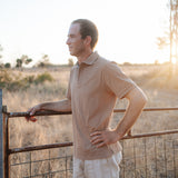Clay Guy dust brown men's polo shirt front view showing classic dust brown men's country polo